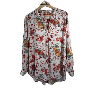 Pleione White Floral Roll up sleeve button up blouse top Boho Large